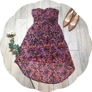 Strapless Floral Chiffon High Low Dress
